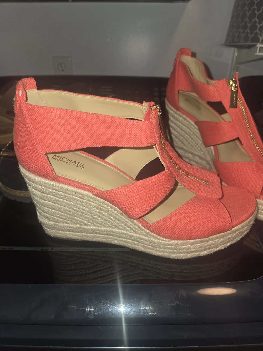 Michael Kors Coral Canvas Zip Wedge Sandals